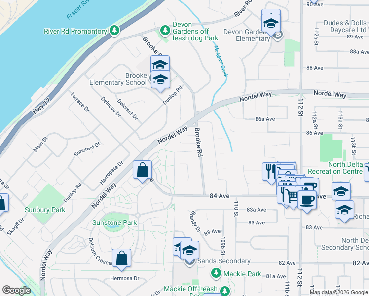 map of restaurants, bars, coffee shops, grocery stores, and more near 10833 85A Avenue in Delta