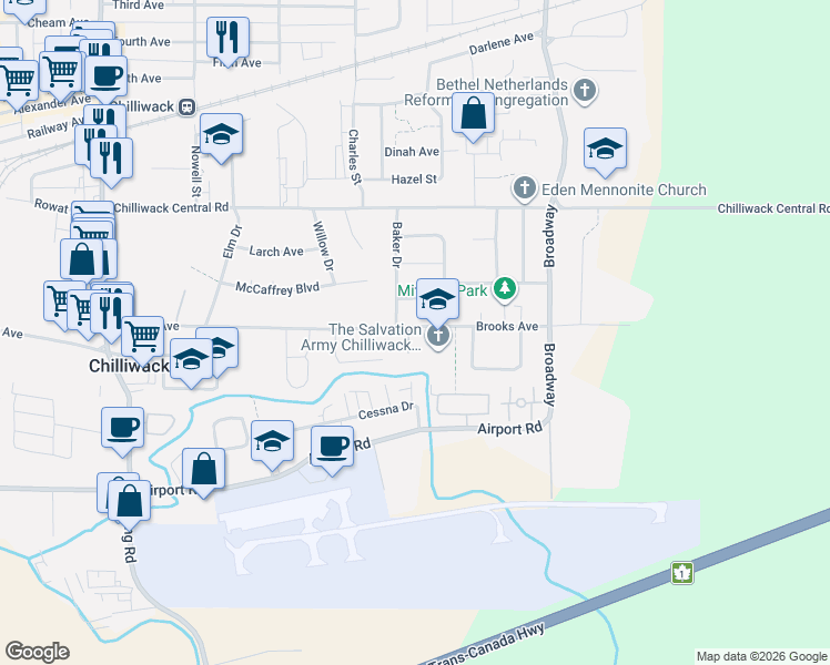 map of restaurants, bars, coffee shops, grocery stores, and more near 46380 Cornwall Crescent in Chilliwack
