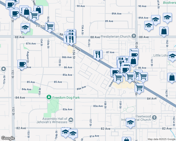 map of restaurants, bars, coffee shops, grocery stores, and more near 15778 85 Avenue in Surrey