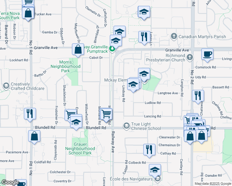 map of restaurants, bars, coffee shops, grocery stores, and more near 7388 Railway Avenue in Richmond