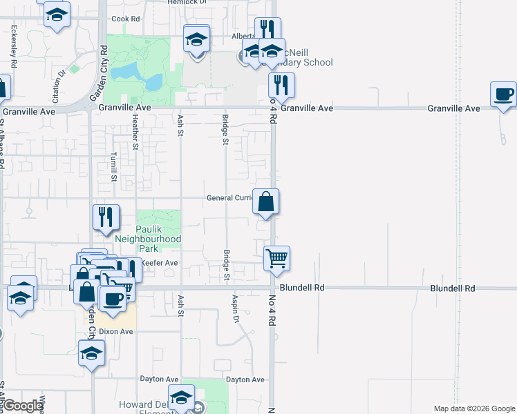 map of restaurants, bars, coffee shops, grocery stores, and more near 9780 General Currie Road in Richmond