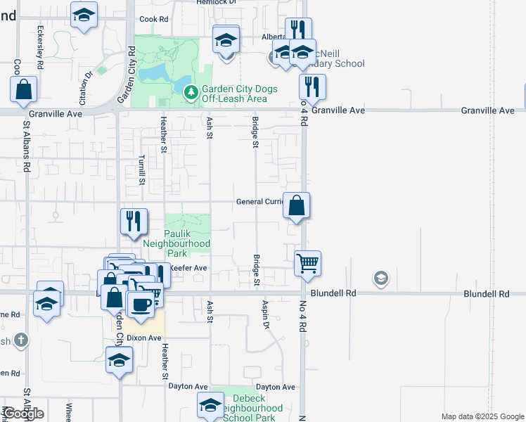 map of restaurants, bars, coffee shops, grocery stores, and more near 7426 Bridge Street in Richmond