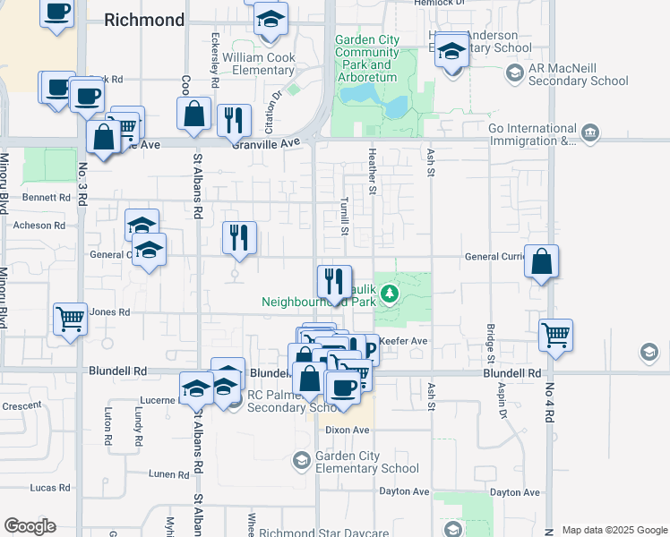 map of restaurants, bars, coffee shops, grocery stores, and more near 9060 General Currie Road in Richmond