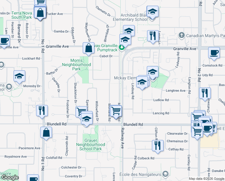 map of restaurants, bars, coffee shops, grocery stores, and more near 7428 Montana Road in Richmond