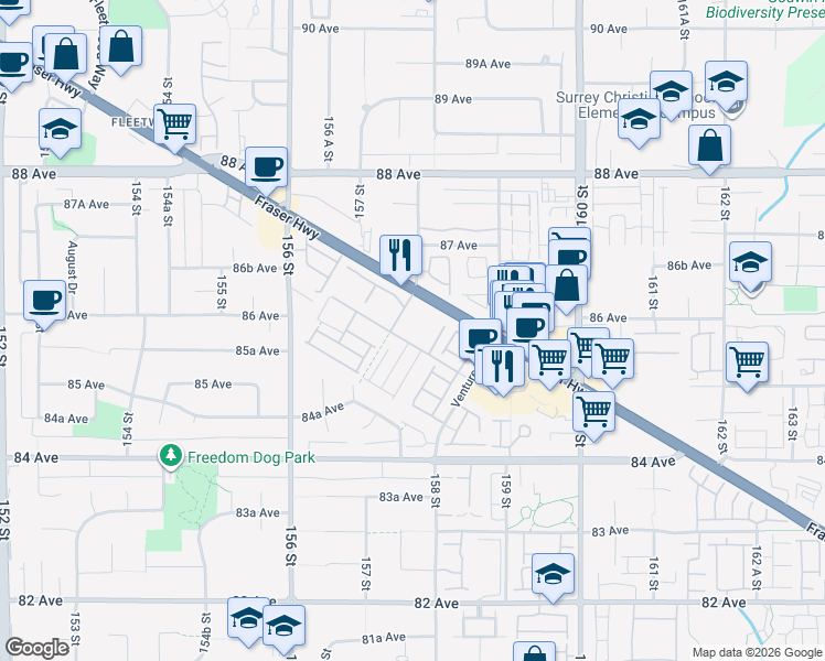 map of restaurants, bars, coffee shops, grocery stores, and more near in Surrey