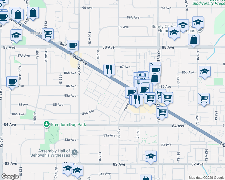 map of restaurants, bars, coffee shops, grocery stores, and more near 15825 85 Avenue in Surrey