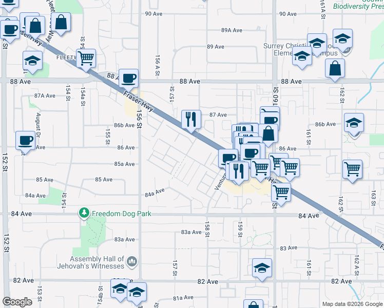 map of restaurants, bars, coffee shops, grocery stores, and more near 15815 85 Avenue in Surrey