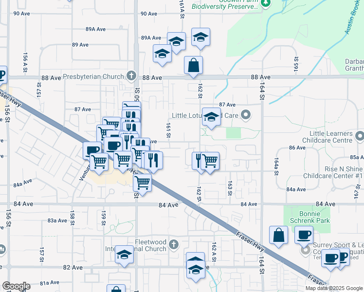 map of restaurants, bars, coffee shops, grocery stores, and more near 16128 86 Avenue in Surrey