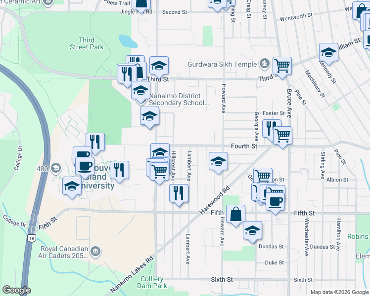 map of restaurants, bars, coffee shops, grocery stores, and more near 601 Fourth Street in Nanaimo