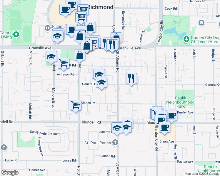 map of restaurants, bars, coffee shops, grocery stores, and more near 8300 General Currie Road in Richmond
