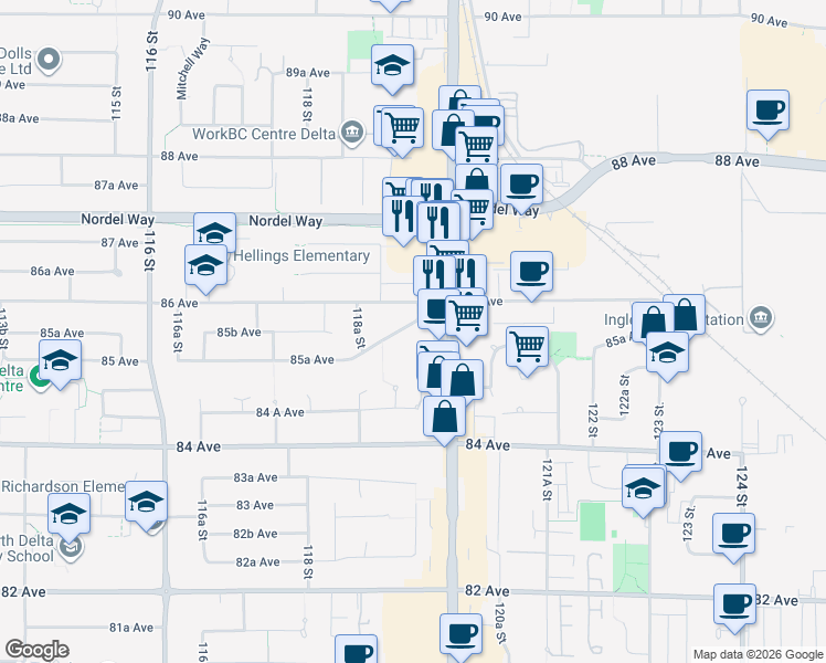 map of restaurants, bars, coffee shops, grocery stores, and more near 11952 85A Avenue in Delta