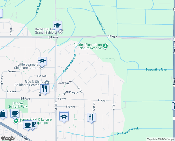map of restaurants, bars, coffee shops, grocery stores, and more near 17038 Greenway Drive in Surrey