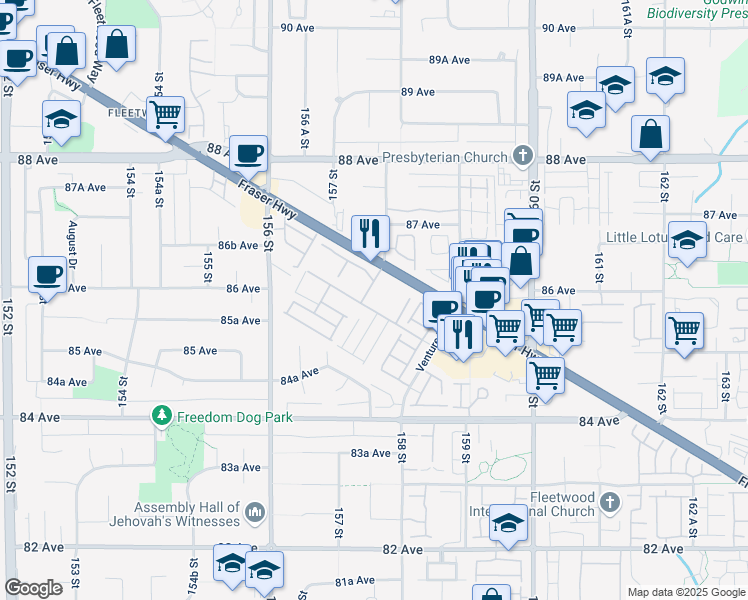 map of restaurants, bars, coffee shops, grocery stores, and more near 15825 85 Avenue in Surrey