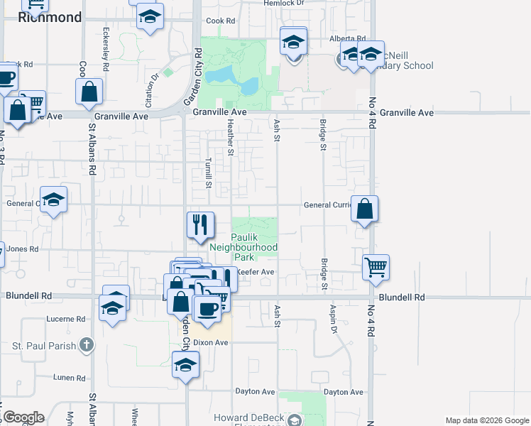 map of restaurants, bars, coffee shops, grocery stores, and more near 9340 General Currie Road in Richmond
