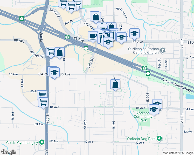 map of restaurants, bars, coffee shops, grocery stores, and more near 20290 86 Avenue in Langley Township