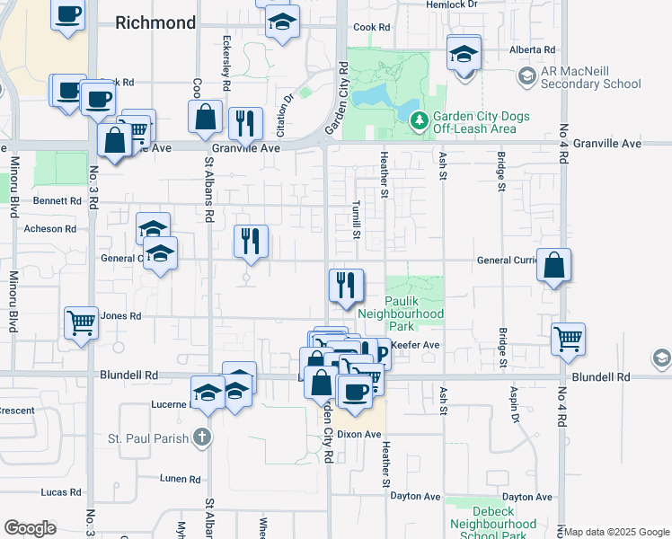 map of restaurants, bars, coffee shops, grocery stores, and more near 9000 General Currie Road in Richmond