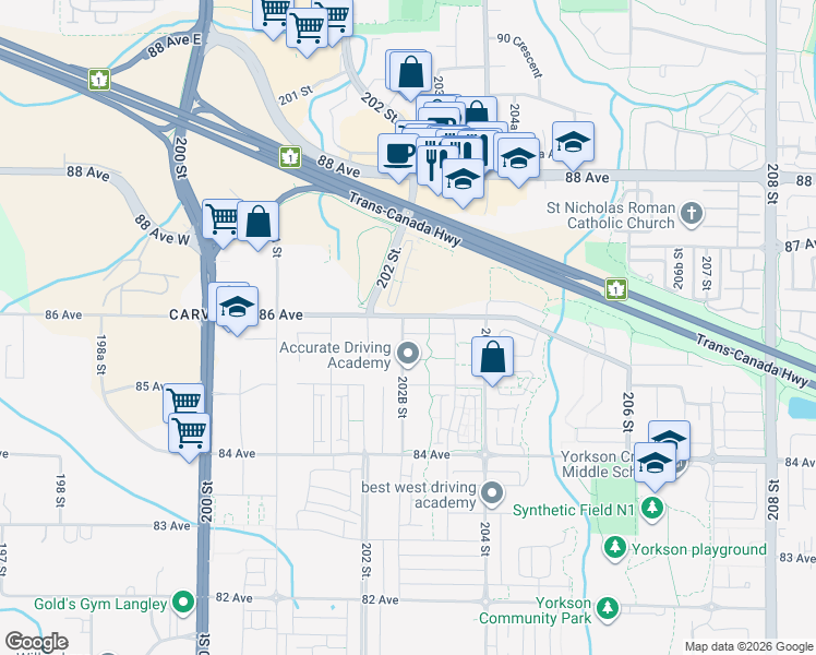 map of restaurants, bars, coffee shops, grocery stores, and more near 20290 86 Avenue in Langley Township