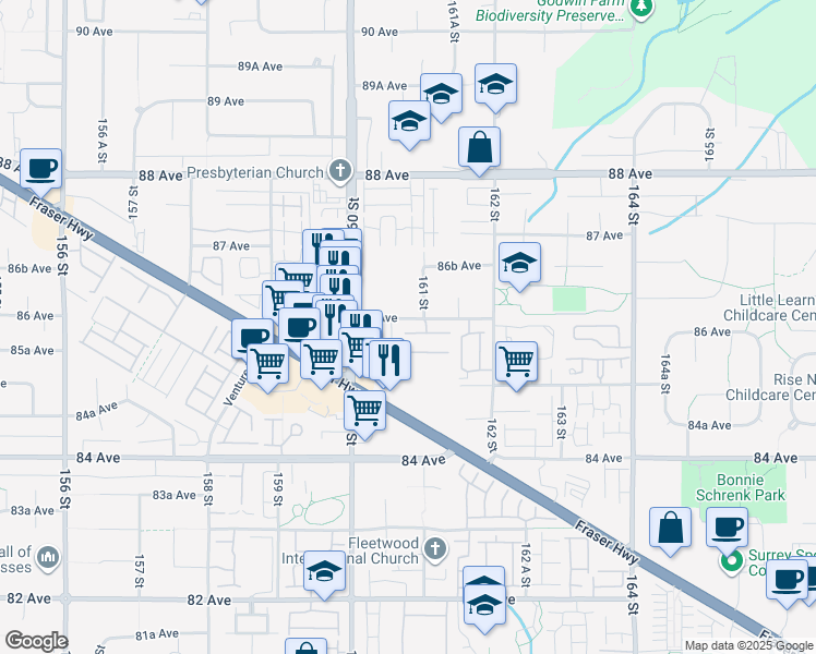 map of restaurants, bars, coffee shops, grocery stores, and more near 16128 86 Avenue in Surrey