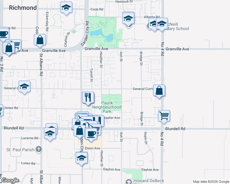 map of restaurants, bars, coffee shops, grocery stores, and more near 7391 Ash Street in Richmond