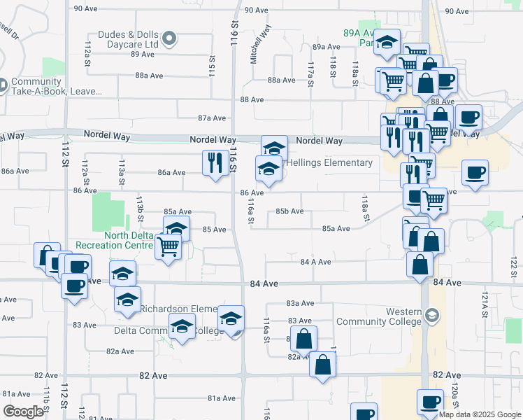 map of restaurants, bars, coffee shops, grocery stores, and more near 8553 116B Street in Delta