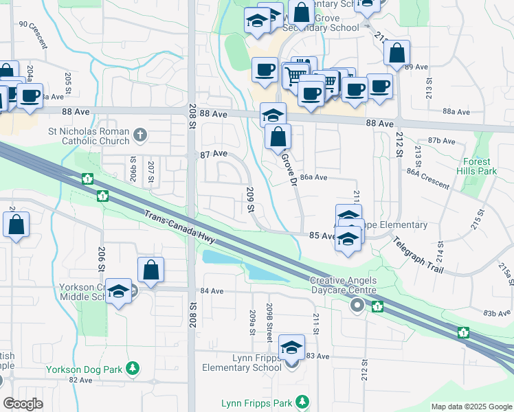 map of restaurants, bars, coffee shops, grocery stores, and more near 8568 209 Street in Langley