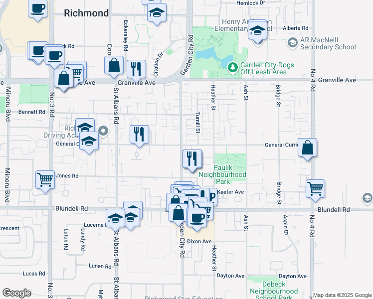 map of restaurants, bars, coffee shops, grocery stores, and more near 9000 General Currie Road in Richmond