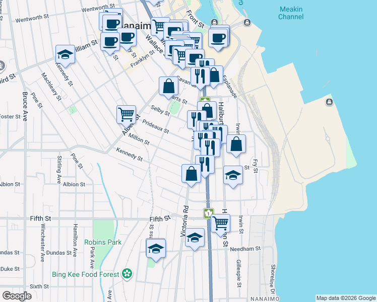 map of restaurants, bars, coffee shops, grocery stores, and more near 144 Victoria Road in Nanaimo