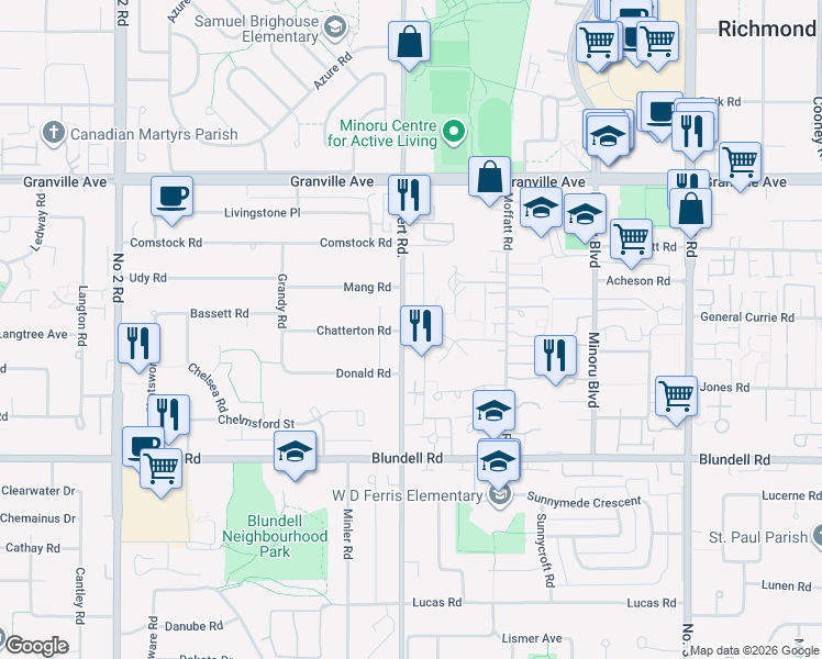map of restaurants, bars, coffee shops, grocery stores, and more near 7400 Gilbert Road in Richmond