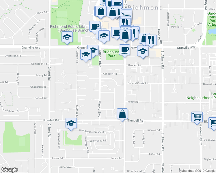 map of restaurants, bars, coffee shops, grocery stores, and more near 7400 Minoru Boulevard in Richmond