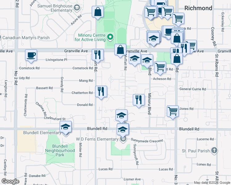 map of restaurants, bars, coffee shops, grocery stores, and more near 7435 Moffatt Road in Richmond