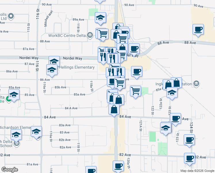 map of restaurants, bars, coffee shops, grocery stores, and more near 11962 85A Avenue in Delta