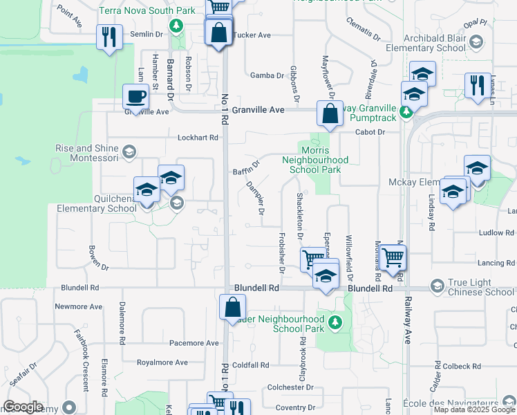 map of restaurants, bars, coffee shops, grocery stores, and more near 7673 Dampier Drive in Richmond