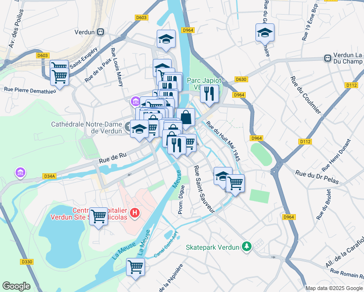 map of restaurants, bars, coffee shops, grocery stores, and more near 1 Avenue de Douaumont in Verdun