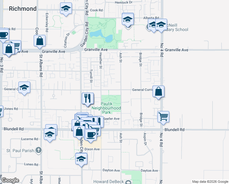 map of restaurants, bars, coffee shops, grocery stores, and more near 9340 General Currie Road in Richmond