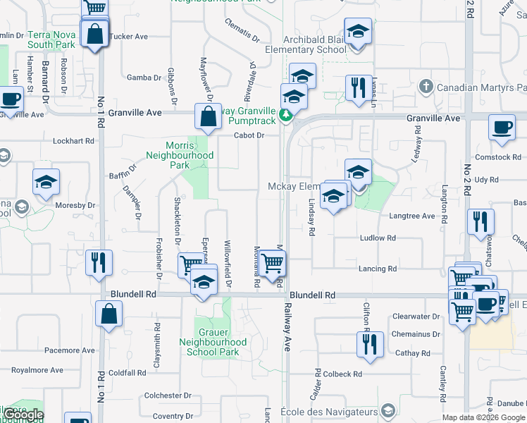 map of restaurants, bars, coffee shops, grocery stores, and more near 7420 Montana Road in Richmond
