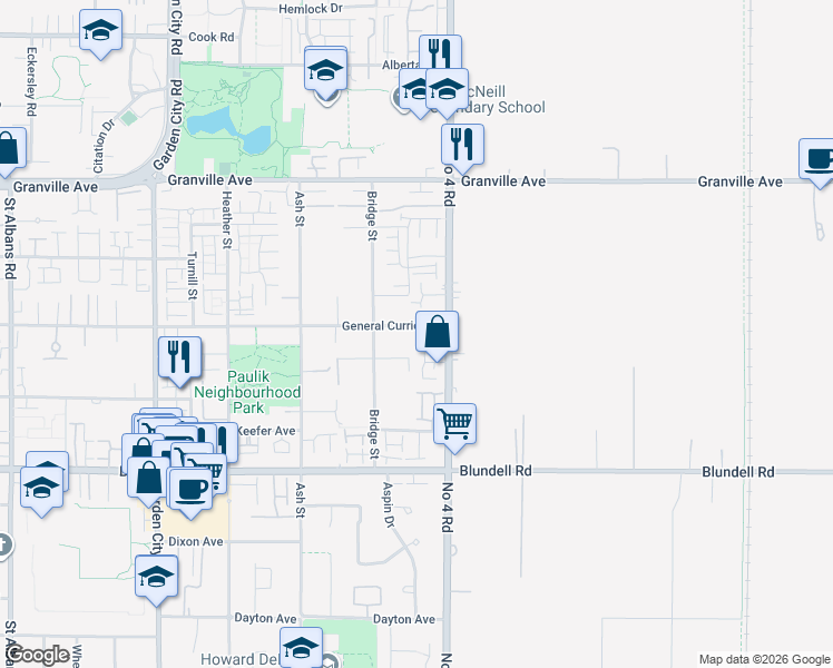map of restaurants, bars, coffee shops, grocery stores, and more near 9780 General Currie Road in Richmond