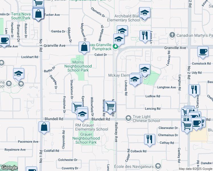 map of restaurants, bars, coffee shops, grocery stores, and more near 7420 Montana Road in Richmond