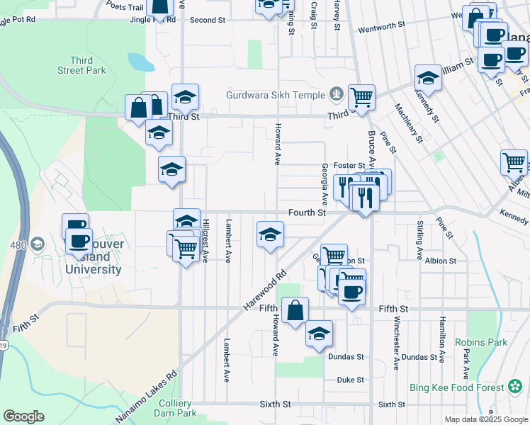 map of restaurants, bars, coffee shops, grocery stores, and more near 528 Fourth Street in Nanaimo