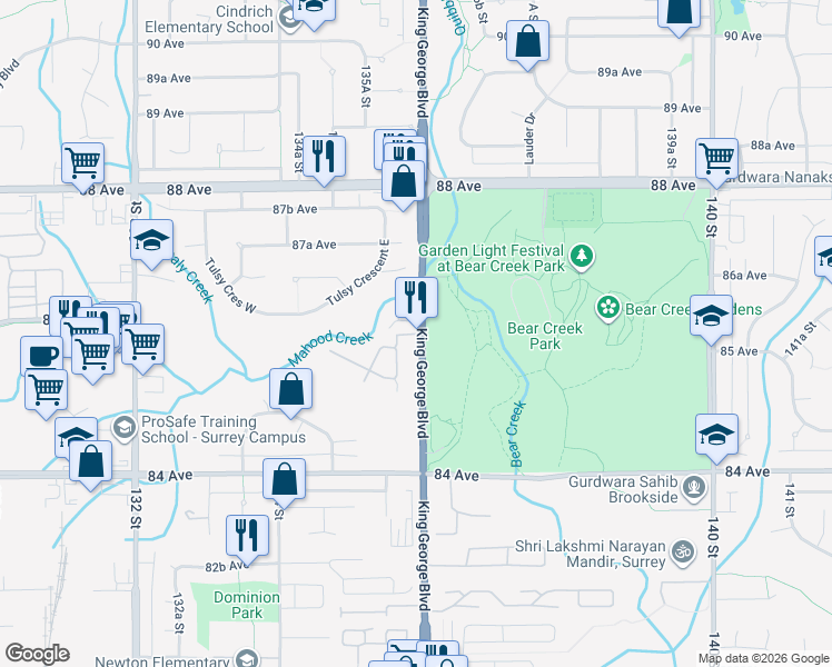 map of restaurants, bars, coffee shops, grocery stores, and more near in Surrey
