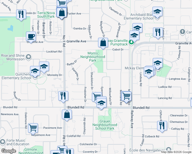 map of restaurants, bars, coffee shops, grocery stores, and more near 7686 Shackleton Drive in Richmond