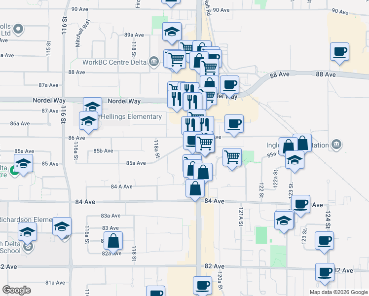 map of restaurants, bars, coffee shops, grocery stores, and more near 11972 85A Ave in Greater Vancouver Regional District