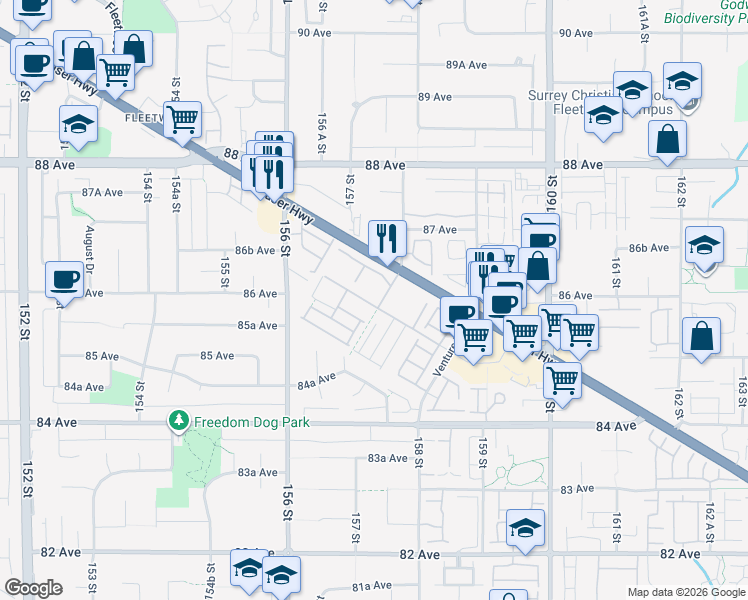 map of restaurants, bars, coffee shops, grocery stores, and more near 8509 158 Street in Surrey
