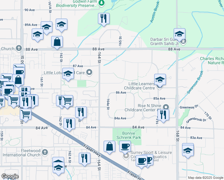 map of restaurants, bars, coffee shops, grocery stores, and more near 16481 86 Avenue in Surrey