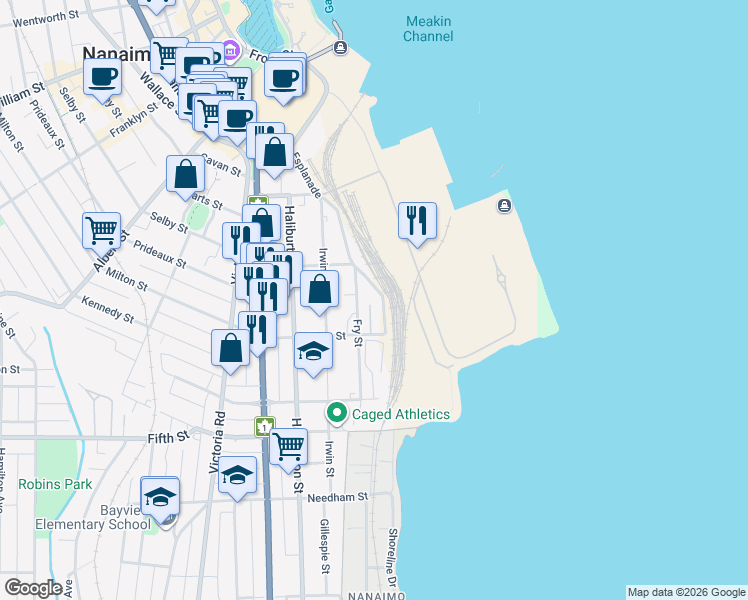 map of restaurants, bars, coffee shops, grocery stores, and more near 104 Esplanade in Nanaimo