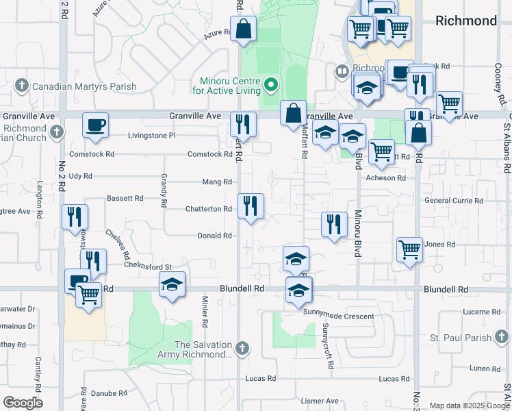 map of restaurants, bars, coffee shops, grocery stores, and more near 7437 Moffatt Road in Richmond
