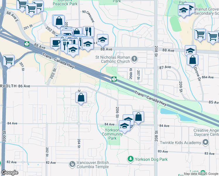 map of restaurants, bars, coffee shops, grocery stores, and more near 20559 86 Avenue in Langley Township