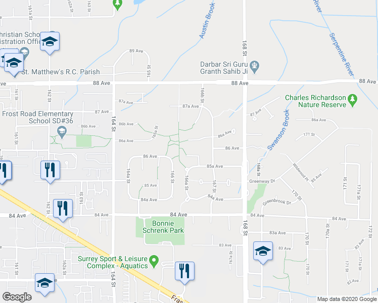 map of restaurants, bars, coffee shops, grocery stores, and more near 16625 85B Avenue in Surrey