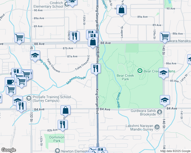 map of restaurants, bars, coffee shops, grocery stores, and more near in Surrey