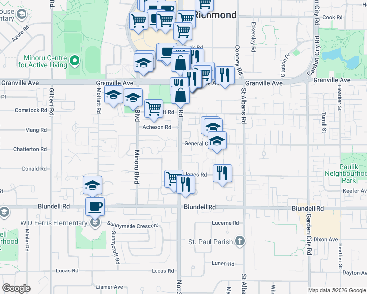 map of restaurants, bars, coffee shops, grocery stores, and more near 8020 General Currie Road in Richmond