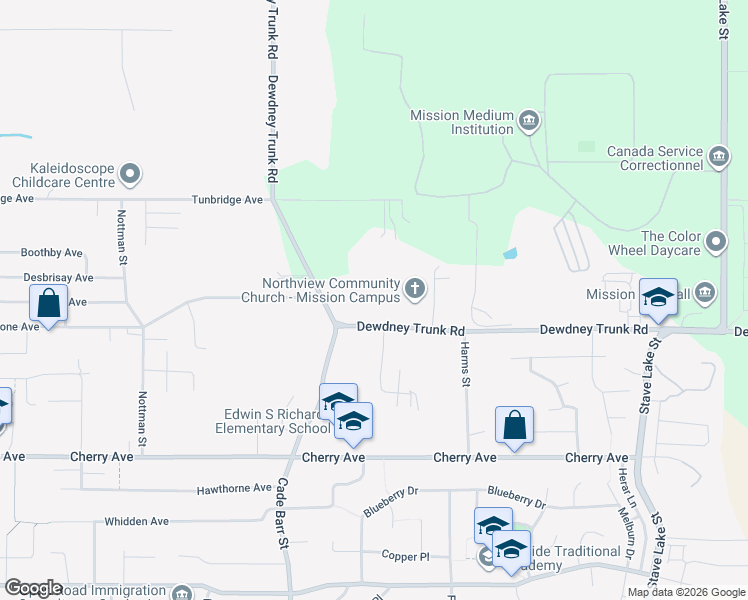 map of restaurants, bars, coffee shops, grocery stores, and more near 33456 Dewdney Trunk Road in Mission